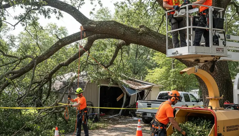 Emergency tree service crew clearing storm-damaged trees in Arlington, TX