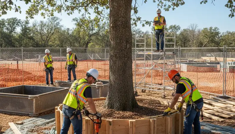 Tree service crew protecting tree roots in Arlington, TX for healthier soil and stronger trees