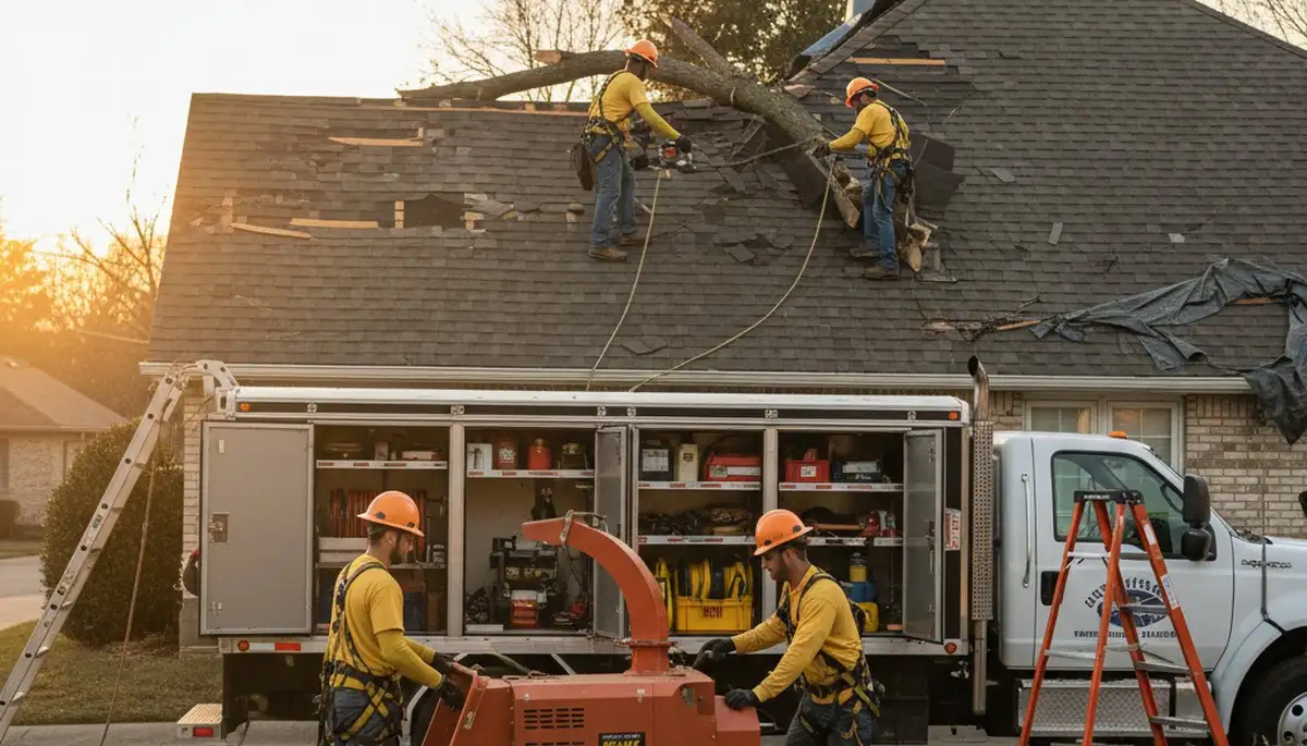 Arlington, TX storm damage cleanup by tree service crew removing fallen tree debris