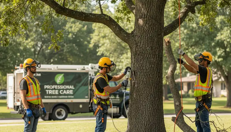 Arlington, TX arborist treating diseased tree for fungal rot and decline on a residential property