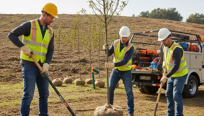 Arlington, TX arborist planting a young tree for a residential tree planting service