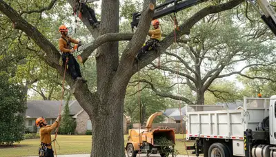 Arlington, TX tree removal crew safely removing a dead tree from a residential property