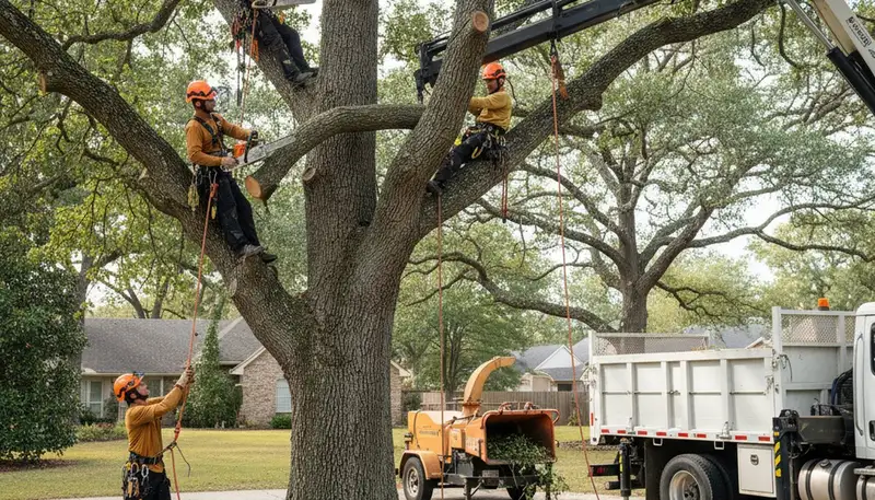 Arlington, TX tree removal crew safely removing a dead tree from a residential property