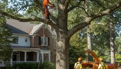 Tree service crew trimming trees in Arlington, TX for safe, professional property care