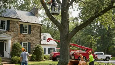 Tree service crew trimming trees in Arlington, TX for safe, professional property maintenance