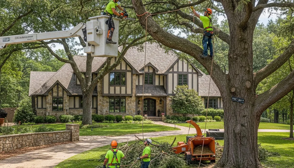 Tree service crew trimming a tree in Arlington, TX for safe, professional maintenance