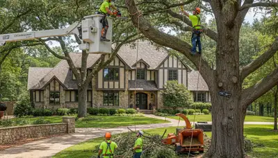Tree service crew trimming a tree in Arlington, TX for safe, professional maintenance