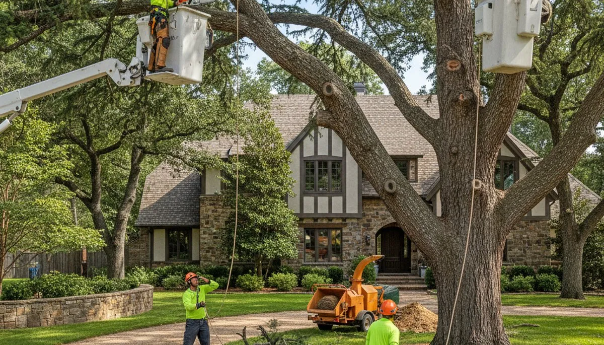 Tree service crew in Arlington, TX trimming trees for safe, professional property care