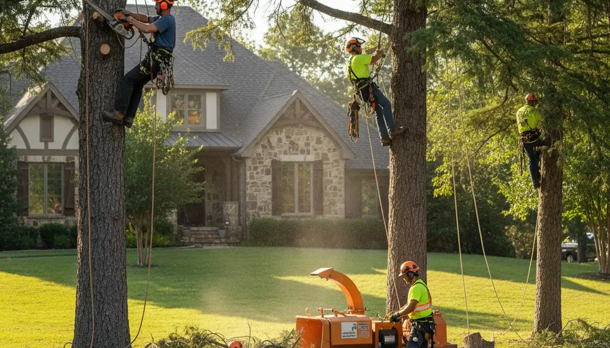 Tree service crew trimming a tree in Arlington, TX for safe, professional maintenance