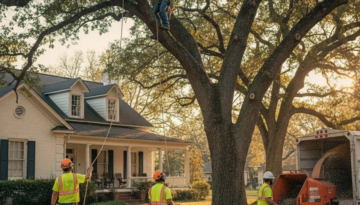Tree service crew trimming trees in Arlington, TX for safe, professional property maintenance