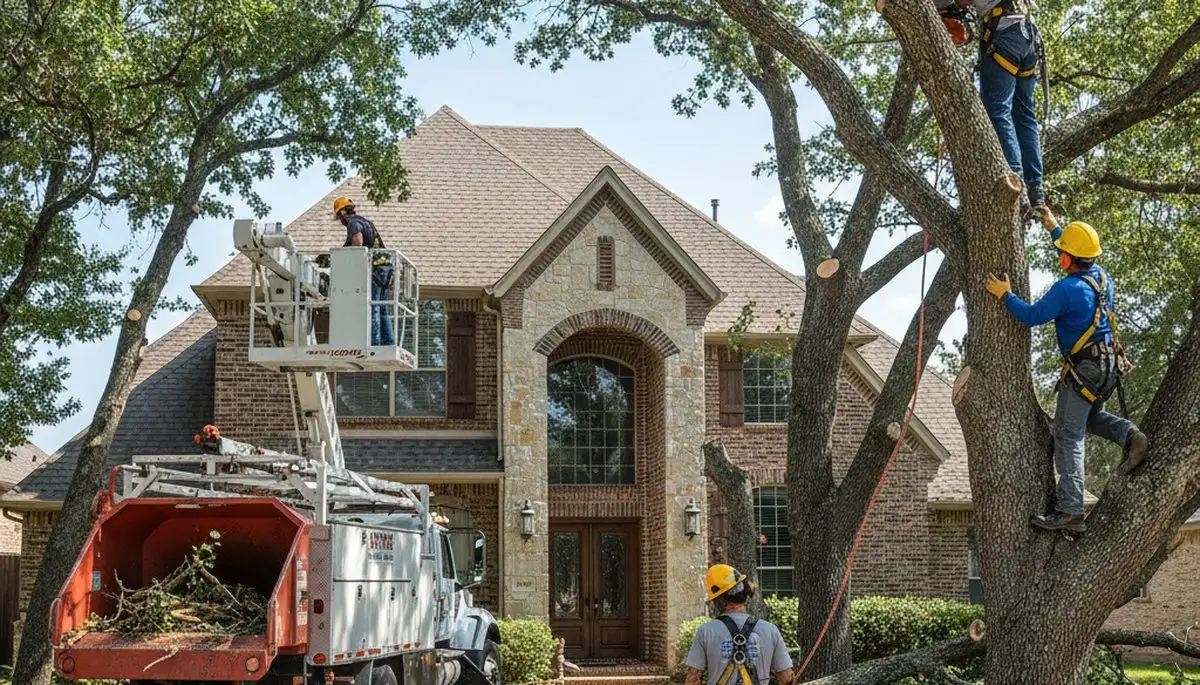 Tree service crew trimming trees in Arlington, TX for safe, professional property maintenance