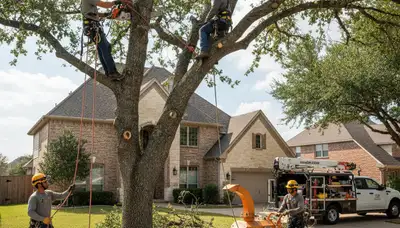 Tree service crew in Arlington, TX trimming and removing a large tree near a home