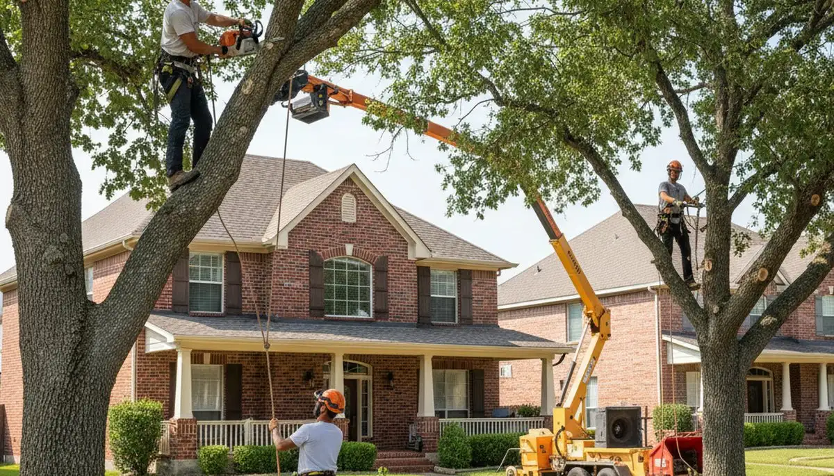 Tree service crew trimming trees in Arlington, TX for safe, professional property care