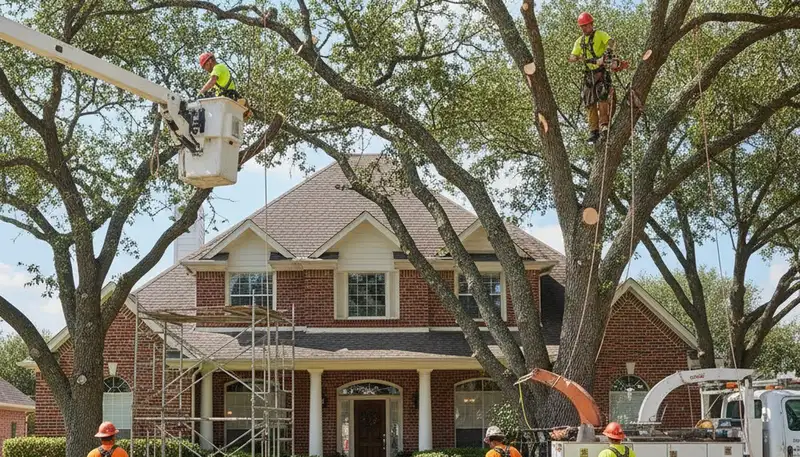 Tree service crew trimming a tree in Arlington, TX for safe, professional property care