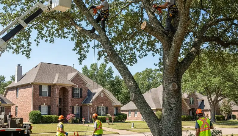Tree service crew trimming trees in Arlington, TX for safe, professional maintenance