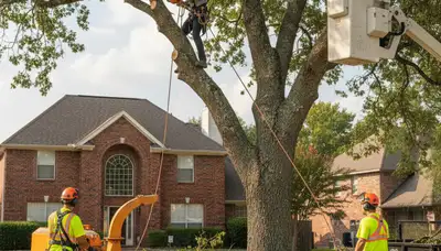 Tree service crew trimming a large tree in Arlington, TX for safe, professional property care