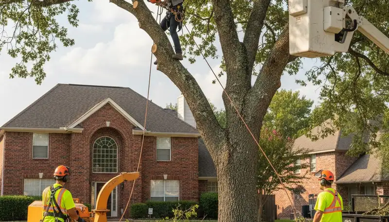 Tree service crew trimming a large tree in Arlington, TX for safe, professional property care