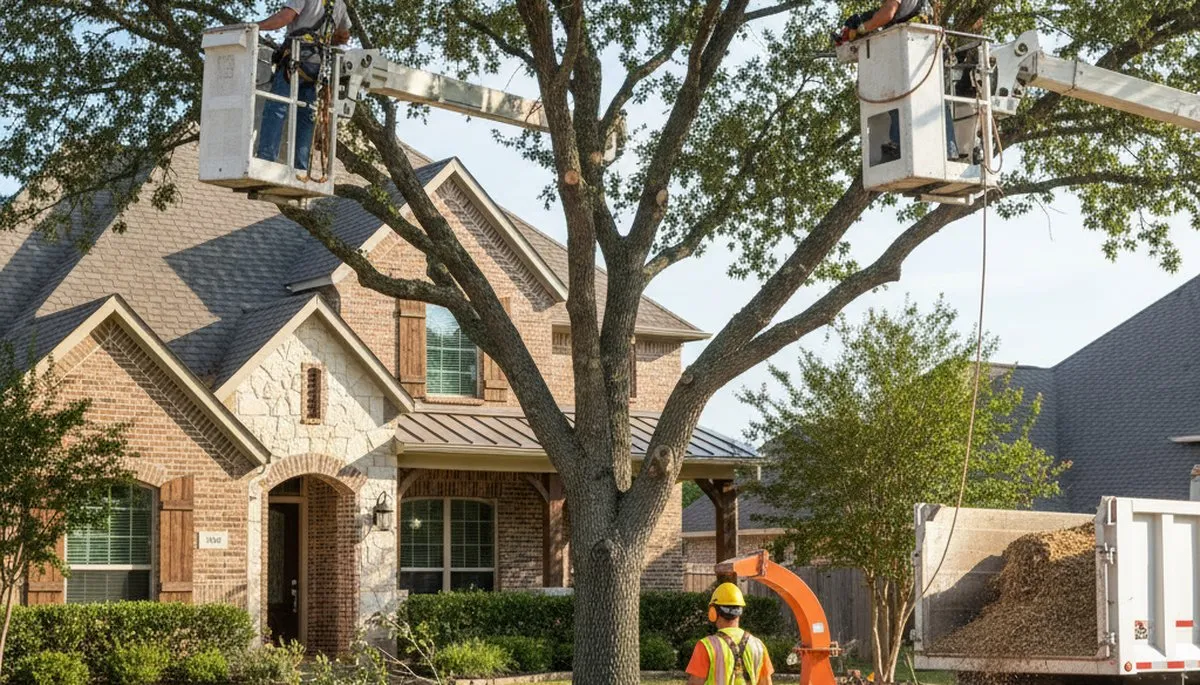 Tree service crew trimming a large tree in Arlington, TX for safe, professional care