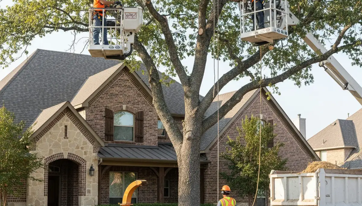Tree service crew trimming and removing trees in Arlington, TX for residential property safety
