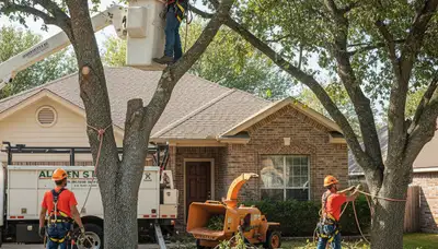 Tree service crew trimming trees in Arlington, TX for safe, professional property maintenance