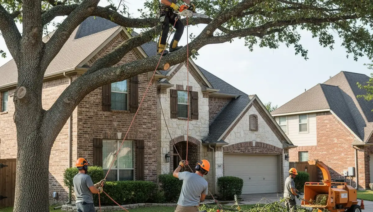 Tree service crew trimming trees in Arlington, TX for safe, professional property maintenance