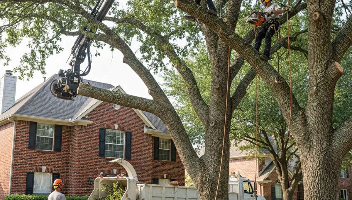 Tree service crew trimming a tree in Arlington, TX for safe, professional property care