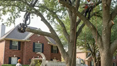 Tree service crew trimming a tree in Arlington, TX for safe, professional property care