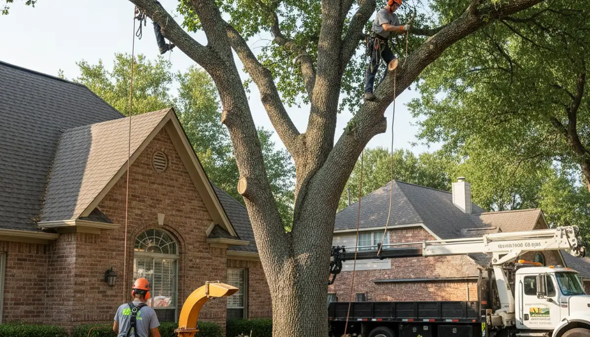 Tree service crew trimming trees in Arlington, TX for safe, professional property care