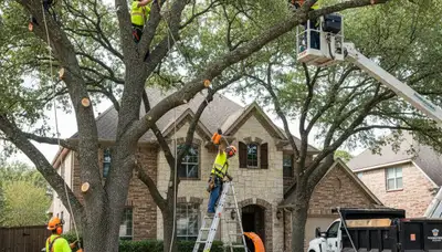 Tree service crew trimming trees in Arlington, TX for safe, professional property care