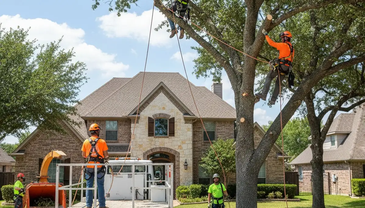 Tree service crew trimming trees in Arlington, TX for safe, professional property care