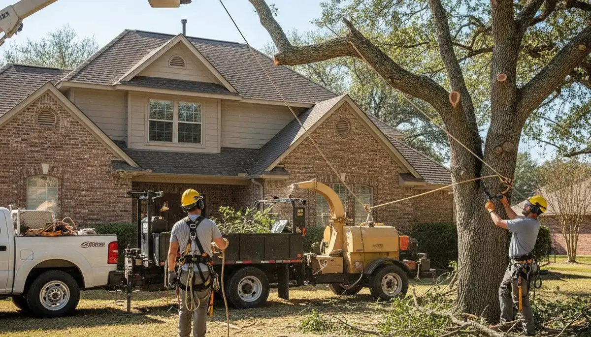 Tree service crew trimming trees in Arlington, TX for safe, professional property care