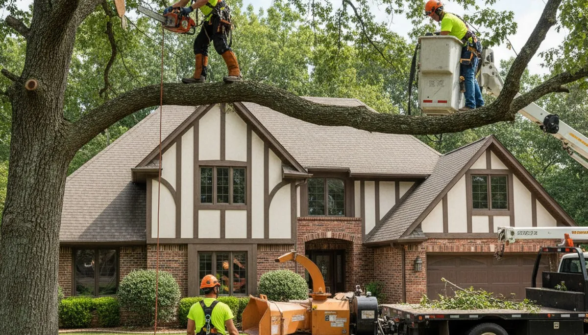 Tree service crew trimming tree branches in Arlington, TX for safe, professional maintenance
