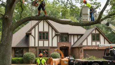 Tree service crew trimming tree branches in Arlington, TX for safe, professional maintenance