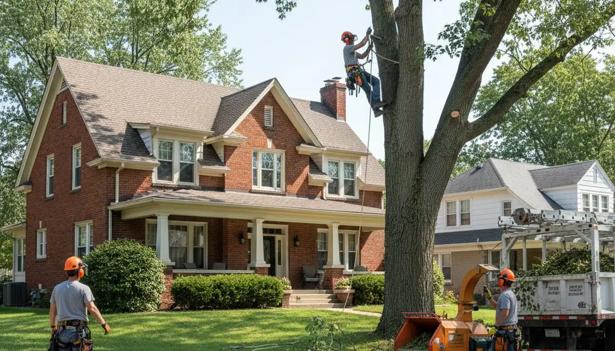 Tree service crew trimming trees in Arlington, TX for safe, professional property maintenance