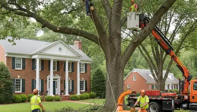 Tree service crew in Arlington, TX trimming trees for safe, professional property maintenance