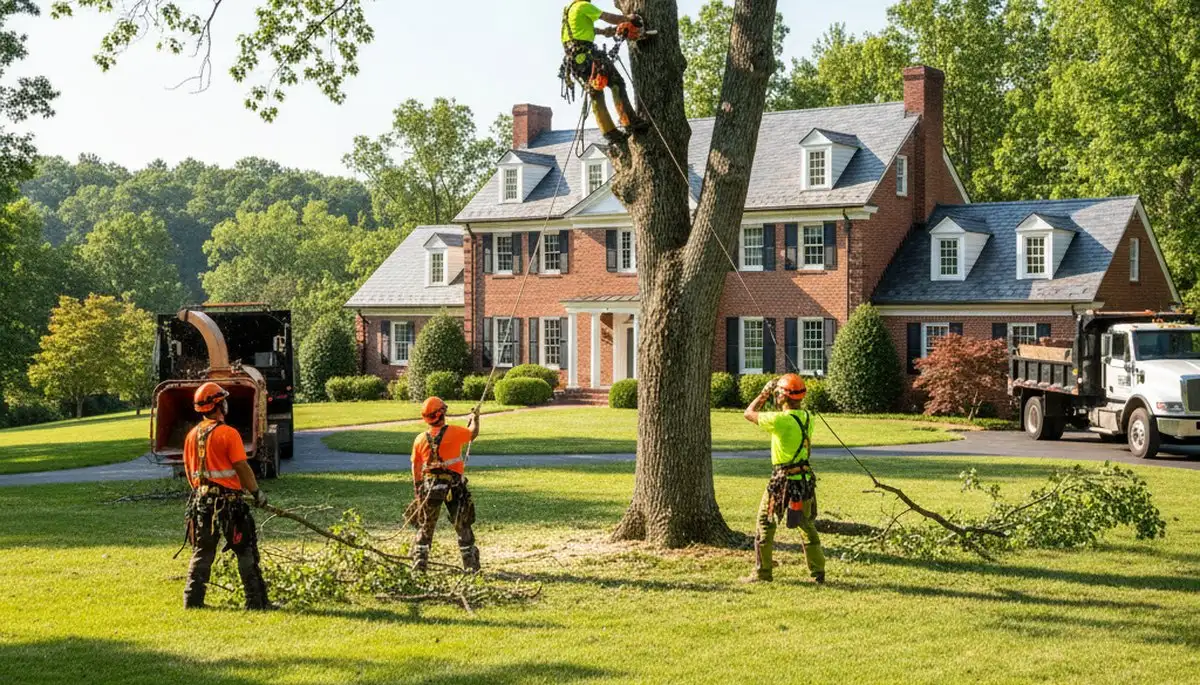 Tree service crew trimming a large tree in Arlington, TX