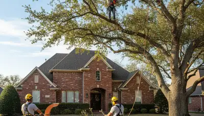 Tree service crew trimming trees in Arlington, TX for safe, professional property maintenance