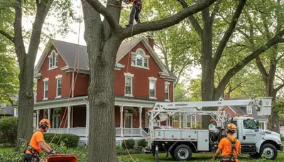 Tree service crew trimming trees in Arlington, TX for safe, professional property maintenance