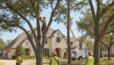 Tree service crew trimming a tree in Arlington, TX for safe, professional maintenance