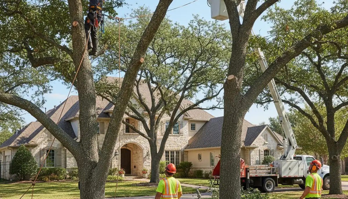 Tree service crew trimming trees in Arlington, TX for safe, professional property maintenance